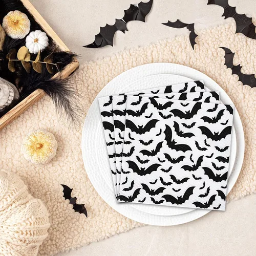 Vista 5 de AnyDesign Paquete de 80 servilletas de papel de Halloween de 6.5 x 6.5 pulgadas, servilletas de papel desechables de murciélago negro, servilletas