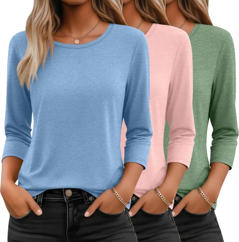 Vista 33 de Ficerd Paquete de 3 camisetas de manga 3/4 para mujer, cuello redondo, camisetas básicas elegantes, casuales, modernas, holgadas