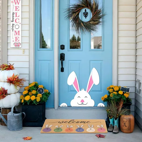 Vista 2 de XuoAz Felpudo decorativo de Pascua para puerta de entrada al aire libre, conejito de Pascua, antideslizante, fibra de coco para la decoración