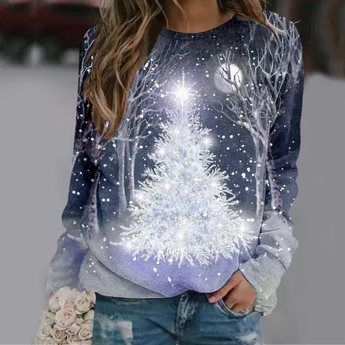 Vista 2 de Sweatshirt Women Lightweight Fashion Winter Cropped Clothes Christmas Long Sleeve Crewneck Pullover