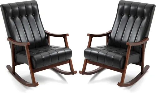 Vista 16 de AVAWING Silla mecedora tapizada con asiento acolchado de tela, cómoda balancín de madera maciza para sala de estar, silla moderna de respaldo alto