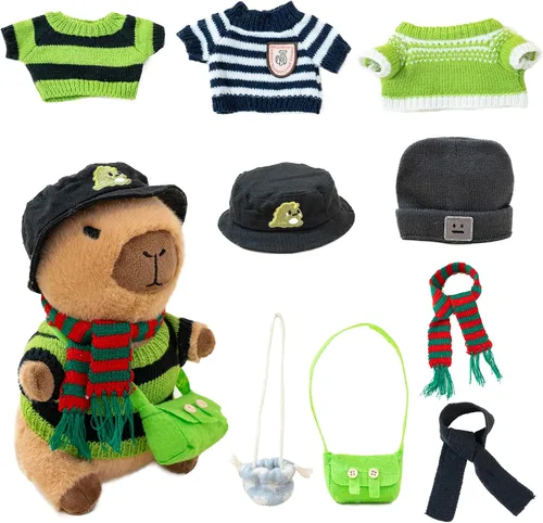 Vista 17 de Capybara - Lindo peluche de peluche para niños y niñas, juego de 10 piezas, 9 prendas y accesorios, juguete de peluche Kawaii, peluche suave