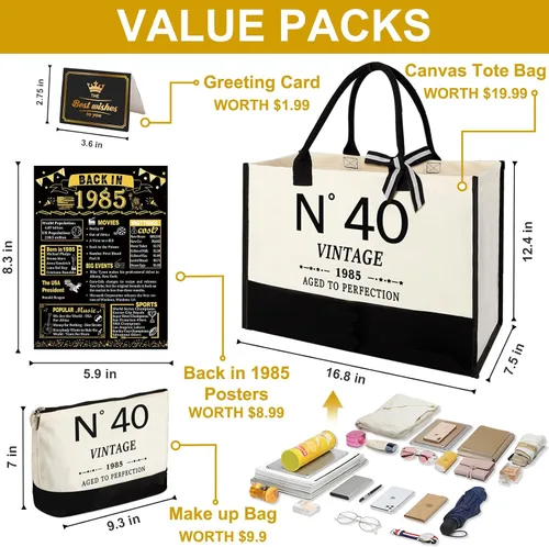 Vista 4 de YeohJoy Regalos de 40 cumpleaños para mujeres, bolsa de lona para viaje, regalos únicos de cumpleaños de 40 años para su madre, esposa, tía, amigos