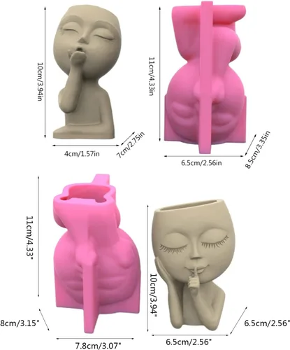Vista 2 de Moldes de hormigón para macetas, 2 piezas de molde de silicona para macetas de figura de cabeza de niña pequeña, molde de silicona para decoración