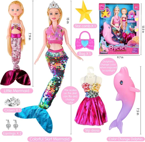 Vista 9 de Juego de muñecas mágicas de sirena para niñas de 4 a 7 años, muñecas de princesa gemelas con delfín morado que cambia de color, trajes de verano