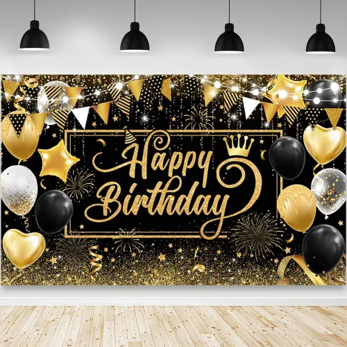 Vista 11 de AIBIIN Telón de Fondo de Feliz Cumpleaños Dorado y Azul Fondo de Fotografía Globo Azul Decoraciones de Fiesta de Cumpleaños Pancarta Accesorios
