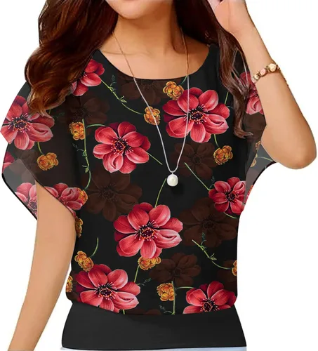 Vista 11 de VIISHOW - Blusa de gasa y de manga corta para mujer, estilo holgado y casual Negro