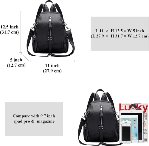 Vista 5 de ALTOSY Mochila de cuero genuino para mujer, bolso de hombro convertible con solapa de hebilla