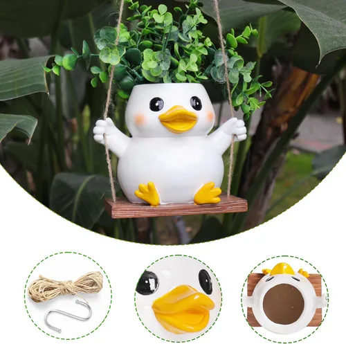 Vista 4 de Lindas macetas colgantes de pato oscilante para plantas de interior, macetas pequeñas para suculentas con orificio de drenaje, planta única