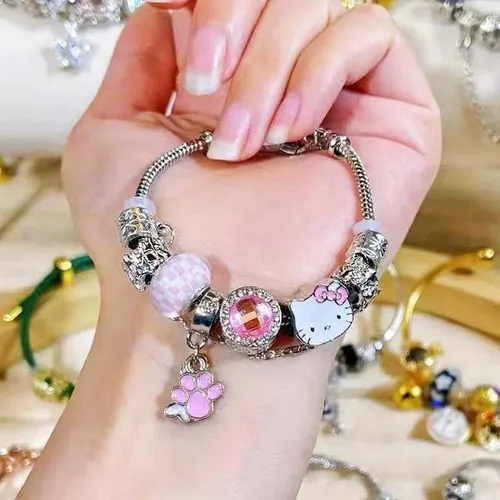 Vista 3 de Pulsera con dijes Kawaii, pulsera ajustable de gatito, pulsera de Hello Kitty para mujeres y niñas