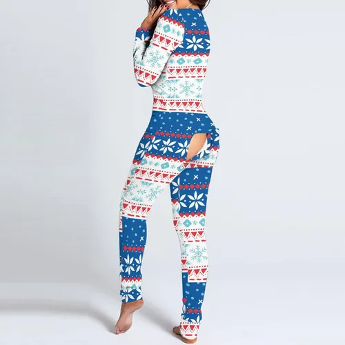 Vista 2 de Pijama de Navidad para mujer con botones para adultos estampado de alicatas largo para dormir overol ajustado