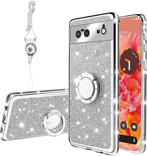 Vista 51 de Funda compatible con Google Pixel 6 Pro para mujer, con purpurina, suave, elegante, transparente, TPU de lujo, bonita funda protectora con correa