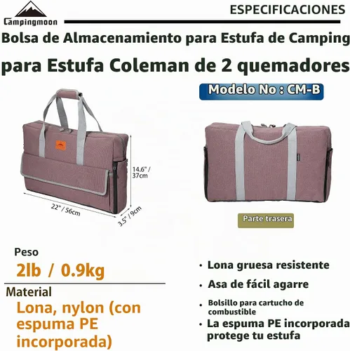 Vista 2 de CAMPINGMOON - Funda de transporte para estufa de campamento Coleman de 2 quemadores, lona CM-B, bolsillos para combustible de gas