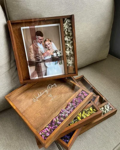 Vista 9 de Caja de fotos personalizada de madera USB Flash Drive con tapa deslizante, caja de fotos de boda personalizada, caja de almacenamiento de madera