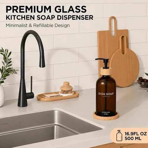 Vista 2 de Dish Soap Dispenser, 16 OZ Glass Kitchen Soap Dispenser with Bamboo Pump and Tray, Refillable Hand Soap Dispenser for Kitchen Countertop, Modern
