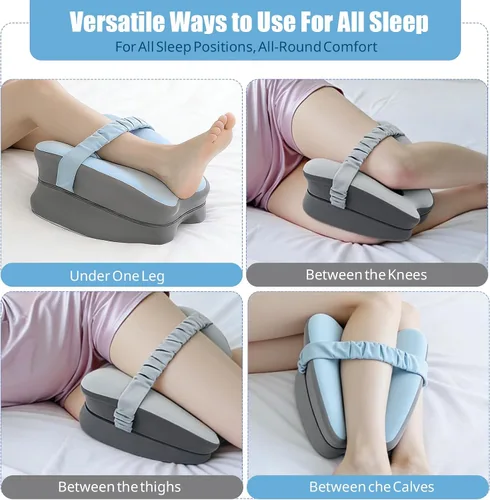 Vista 4 de Almohada de rodilla de espuma viscoelástica para dormir de lado, azul con correa ajustable para alineación de cadera y columna vertebral, alivia