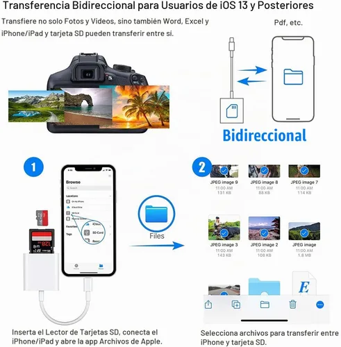 Vista 8 de Lector de Tarjetas SD para iPhone iPad, Cable Adaptador de Tarjeta SD/Micro SD Certificado MFi de Apple con Ranuras Duales para Cámaras SLR, Visor