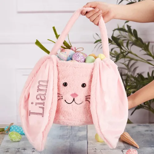Vista 4 de Cesta de Pascua personalizada de conejo, cesta de Pascua de piel con nombre, cubo de Pascua de felpa, bolsa de regalo de Pascua personalizada