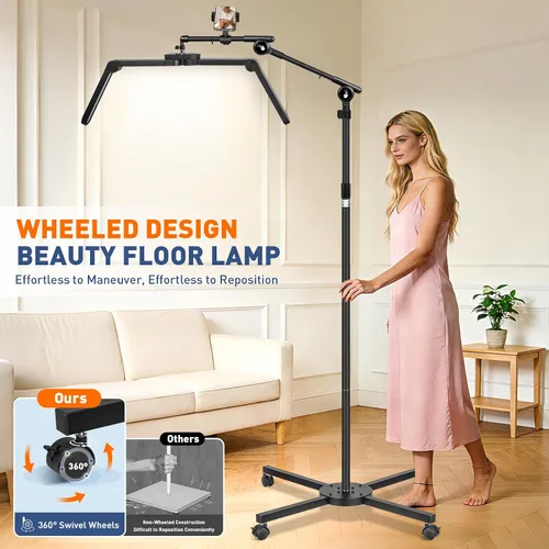 Vista 5 de KIRKAS Luz de media luna para extensiones de pestañas, tatuadores, luz LED de tecnología de pestañas mejorada con base rodante de 4 ruedas, lámpara