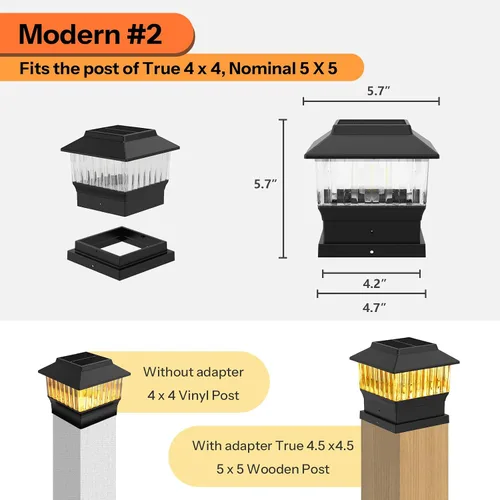 Vista 2 de Paquete de 6 luces solares para tapa de poste – Moderno #2: se adapta a postes de vinilo 4 x 4 y madera de 5 x 5 pulgadas, ahorro a granel