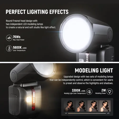 Vista 3 de NEEWER Z2-C 2.4G TTL Flash de cabeza redonda Speedlite para Canon, interfaz de usuario mejorada, 2 lámparas de modelado ajustables, tecla TTL/M