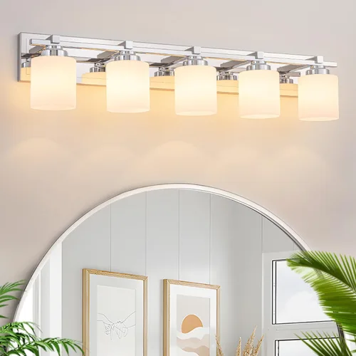 Vista 18 de 1 Luminaria Moderna de Baño sobre Espejo, Luces de Tocador Negro Dorado para Apliques de Pared de Baño con Pantallas de Vidrio Blanco Lechoso