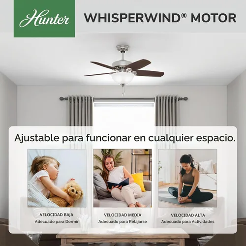 Vista 2 de Hunter Builder, ventilador de techo, para interiores, cadena de tracción, 42 pulgadas, níquel cepillado con luz LED, montaje estándar, 5