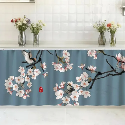 Vista 10 de SK Studio Cortinas cortas para cocina, estante de gabinete, a prueba de polvo, cortina opaca para café debajo del fregadero, falda para baño