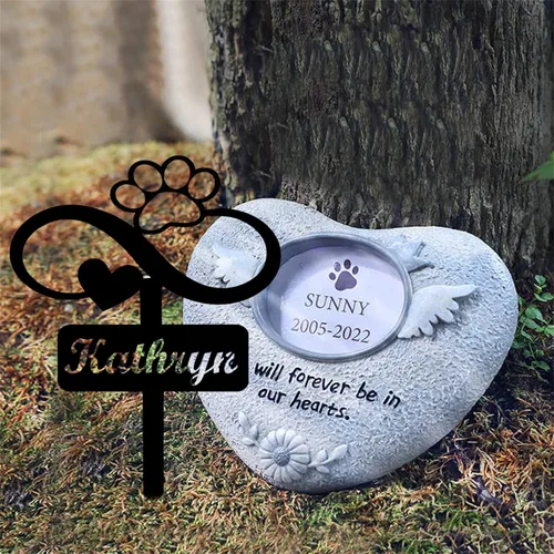 Vista 4 de Marcador de metal para tumbas para mascotas, nombre personalizado, estaca de jardín, perro, conmemorativo, alas de ángel, marcador de tumba, hueso