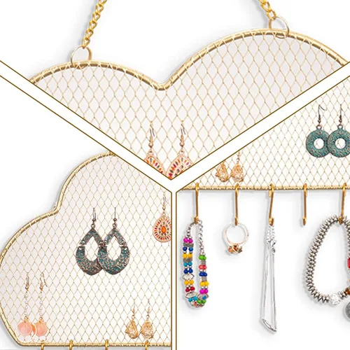 Vista 7 de Rolin Roly Organizador de pared para aretes, estante de joyería colgante con 8 ganchos en forma de nube para exhibir rejilla, pulsera dorada