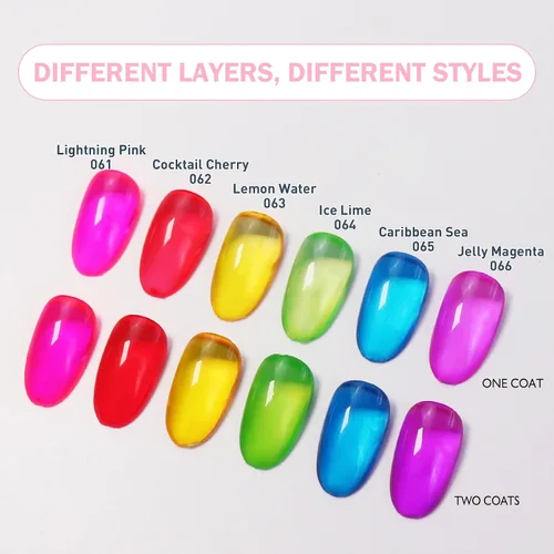 Vista 2 de VARNAIL Rainbow Candy Jelly - Kit de esmalte de uñas de gel de 6 colores y capa base de regalo, kit de esmalte de gel transparente arcoíris