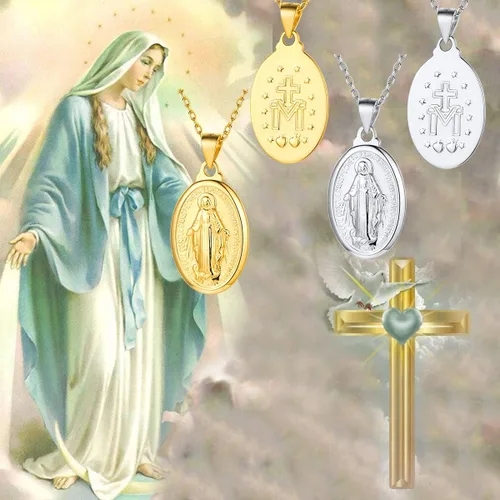 Vista 6 de Nofade Silver Collar personalizado de la Virgen María de Plata de ley 925 joyería religiosa cristiana collar con colgante de moneda ovalada