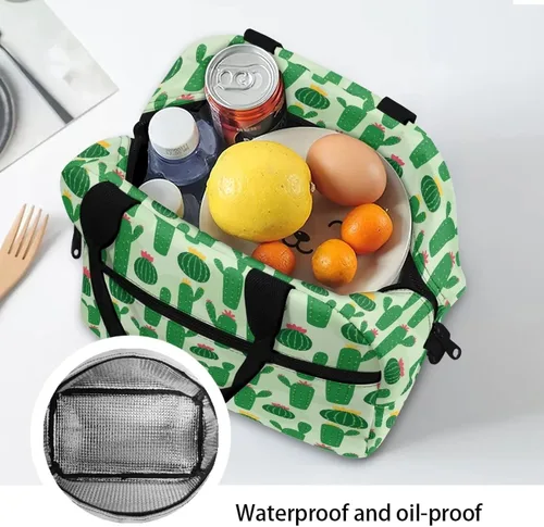 Vista 4 de Bolsas de almuerzo aisladas con diseño de cactus verdes para mujer, reutilizable, a prueba de fugas, con correa de hombro ajustable, portátil