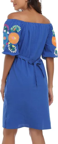 Vista 7 de YZXDORWJ Vestido bordado mexicano de manga corta para mujer