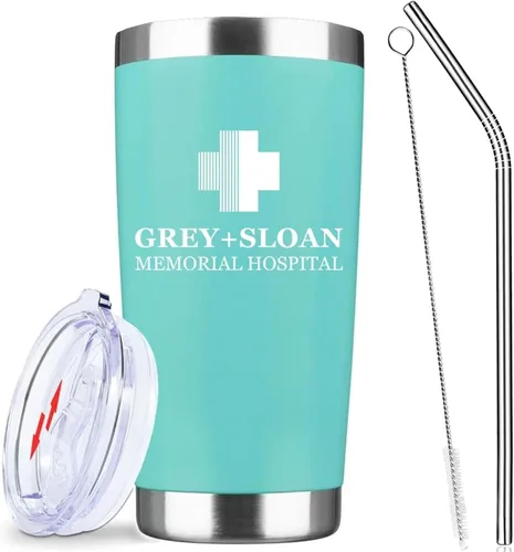 Vista 10 de Greys Grays Anatomy Merchandising, mercancía de programa de televisión, vaso de café helado de acero inoxidable aislado de 20 onzas con tapa, popote