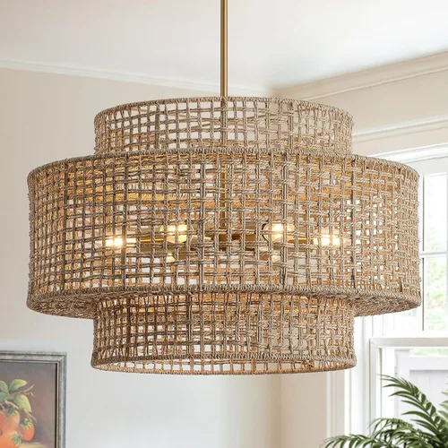 Vista 10 de 12.4” Candelabro de ratán boho, 1 luz, lámpara colgante tejida a mano, lámpara colgante rústica de estilo granja para isla de cocina, recámara