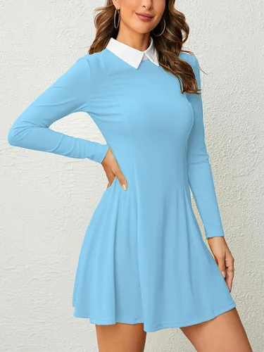 Vista 5 de PHIXWORLD Vestido de manga larga para mujer, con cuello Peter Pan, ajuste y acampanado para el miércoles Addam