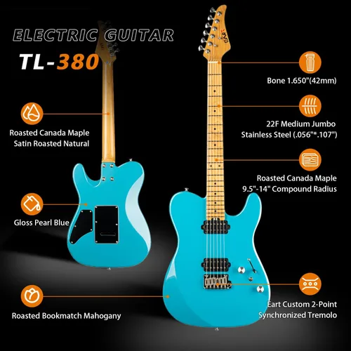 Vista 2 de EART TL-380 Guitarra eléctrica profesional para jugadores versátiles Cuello y diapasón de arce tostado, pastillas humbuckers con bobina dividida