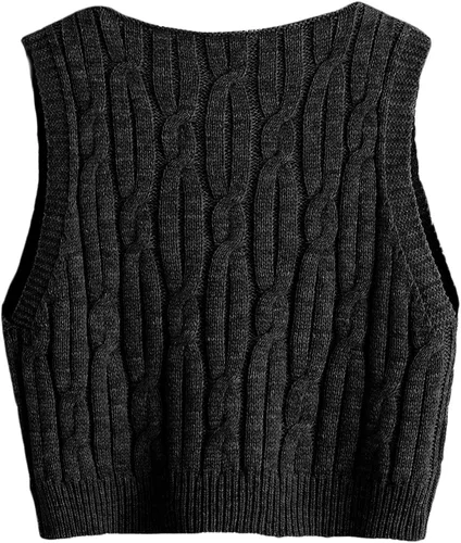 Vista 2 de Romwe Suéter corto de punto trenzado para mujer, estilo preppy, sin mangas, cuello en V, camiseta sin mangas