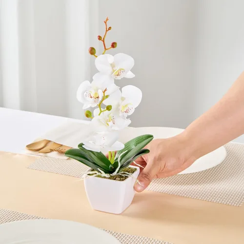 Vista 5 de Restaurantware - Orquídeas artificiales de 4 x 14 pulgadas, 12 orquídeas falsas en maceta, 5 flores, uso como centro de mesa, decoración del hogar u