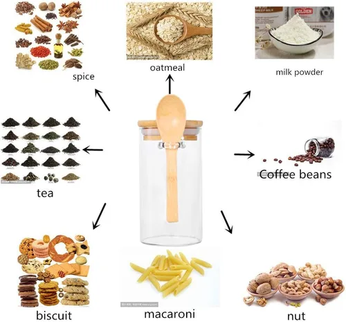 Vista 4 de Tarro de vidrio con tapa y cuchara de bambú, paquete de 8 recipientes de té de 10 onzas para té de hojas sueltas, recipientes de sal y azúcar