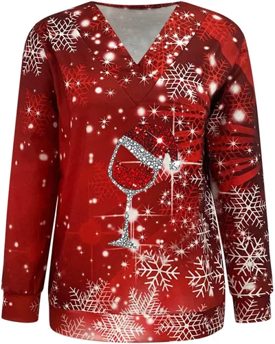 Vista 3 de LAGKQS Sudaderas feas de Navidad para mujer, camisa estampada con gráficos de Navidad, manga larga, suéter mullido