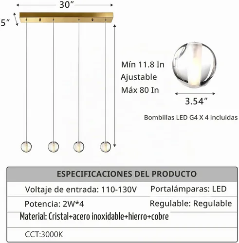 Vista 4 de Lámparas colgantes de oro cepillado de 4 luces para isla de cocina moderna, lámparas colgantes de globo de cristal para comedor sobre mesa, lámparas