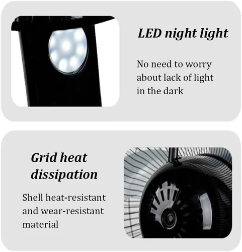 Vista 4 de Ventilador con energía solar, ventilador de pedestal ajustable oscilante con paneles solares, ventilador móvil recargable con luz nocturna LED Blanco