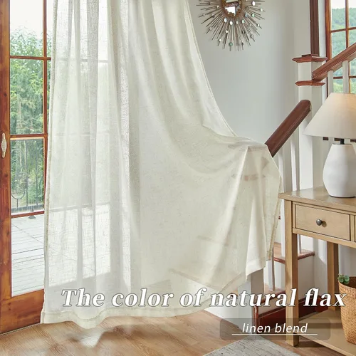Vista 7 de 2 paneles de cortinas de lino transparente natural de 45 pulgadas, color beige para ventanas pequeñas, bolsillo con pestaña trasera, cortinas cortas