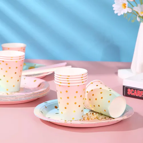 Vista 7 de Juego de 200 platos y servilletas para fiesta de cumpleaños, platos desechables para cumpleaños, platos de papel arcoíris, servilletas y tazas