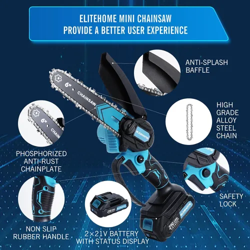 Vista 4 de EliteHome Mini Motosierra Inalámbrica de 6 Pulgadas con 2 Baterías, Motosierra Eléctrica Portátil de Mano, Motosierra Pequeña Alimentada por Batería