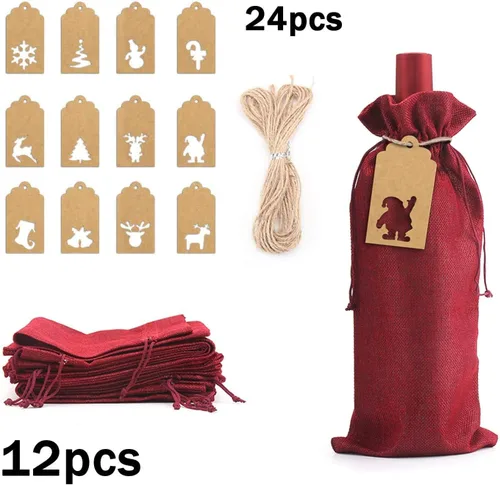 Vista 2 de LOKIPA Bolsas de regalo de vino de arpillera, 12 bolsas para botellas de vino de yute con cordón, fundas reutilizables para botellas de vino