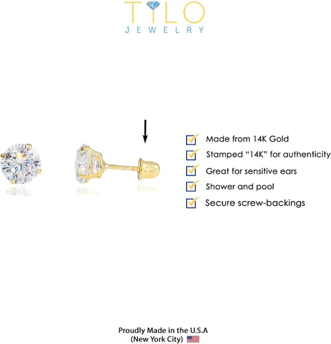 Vista 4 de Aretes de oro amarillo de 14k solitario con cubo y zirconia con broches seguros