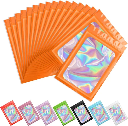 Vista 28 de Funfery 100 bolsas holográficas de Mylar naranja, cremallera resellable